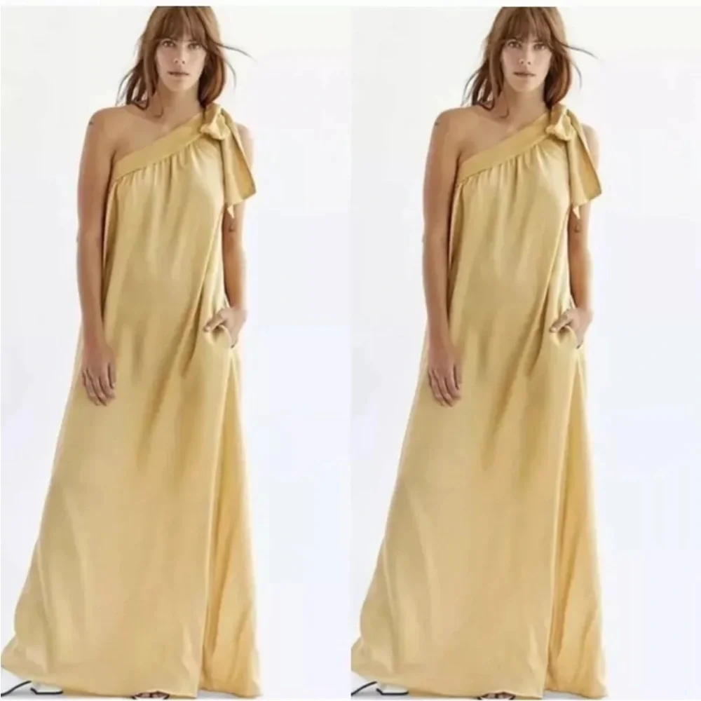 Free People Golden One Shoulder Dress Size XS Bow on Shoulder SOA